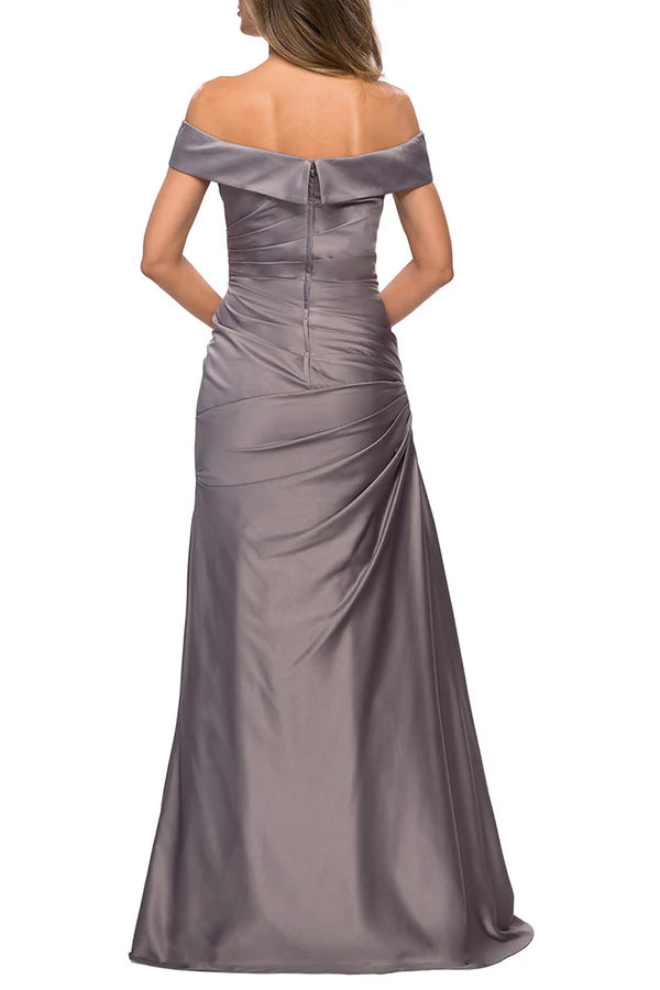 Grey Satin Off-the-Shoulder A-Line Floor-Length Dress