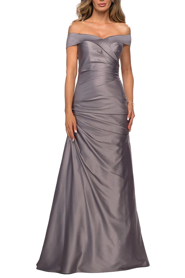 Grey Satin Off-the-Shoulder A-Line Floor-Length Dress