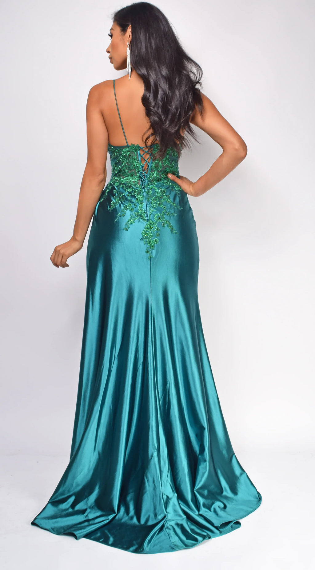 Emerald Satin V-Neck A-Line Floor-Length Gown with Lace Appliques & High Slit