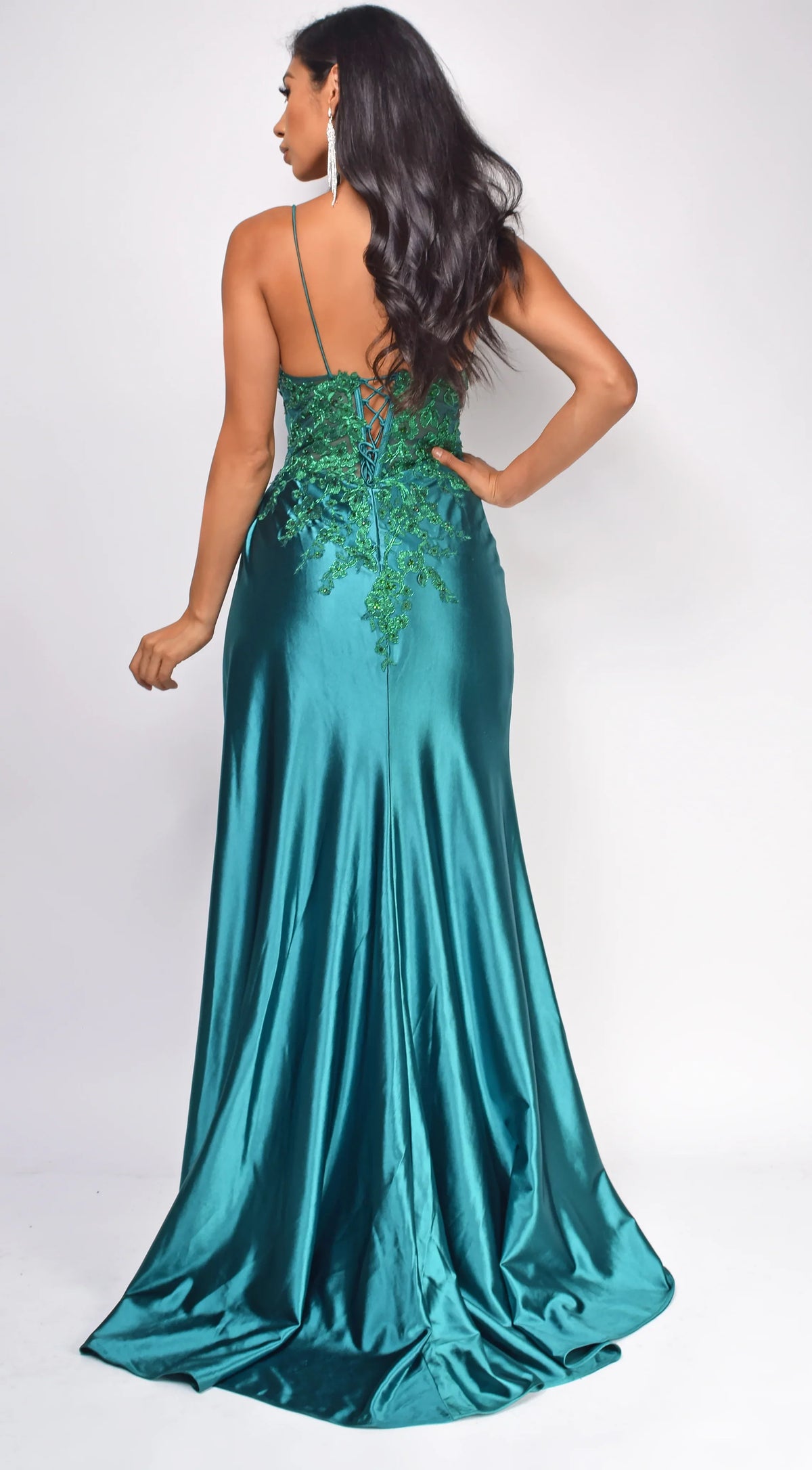 Emerald Satin V-Neck A-Line Floor-Length Gown with Lace Appliques & High Slit