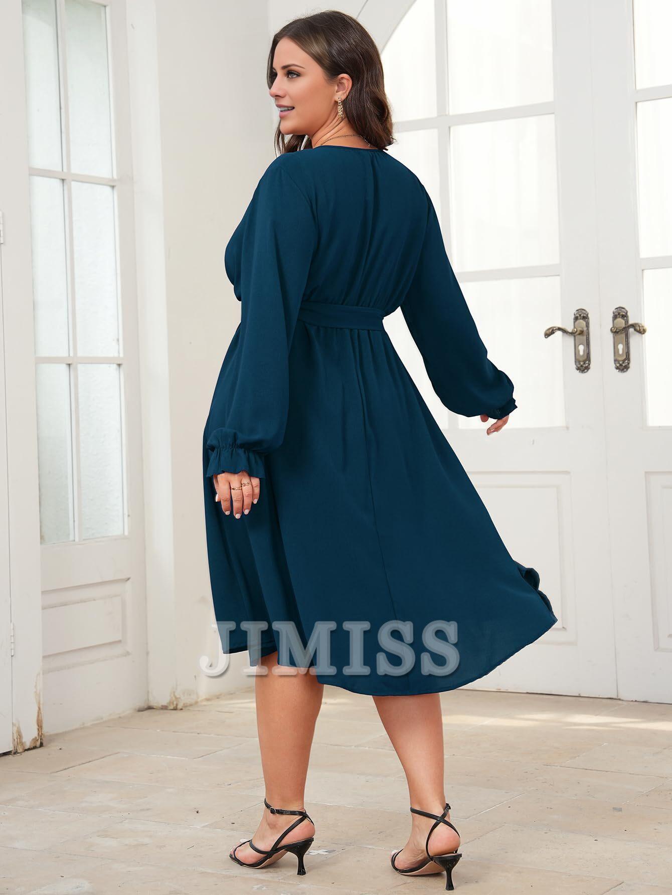 Vestido de noche de talla grande, vestido de largo medio de invierno, manga larga, cruzado, escote en V, cinturón, vestido de fiesta fluido de corte A