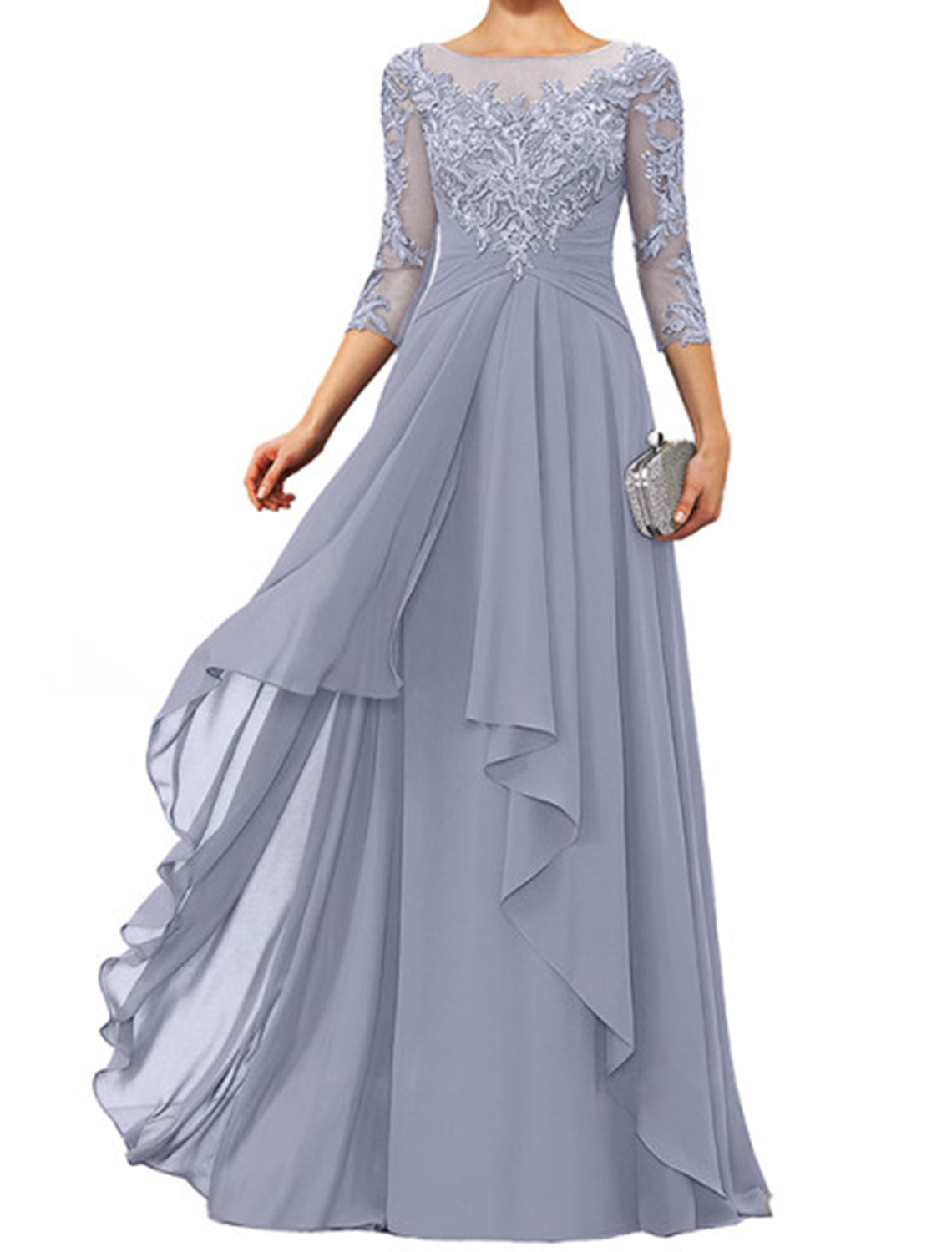 Dark Navy Chiffon A-Line Floor-Length Evening Dress - Illusion Neck Lace Appliques