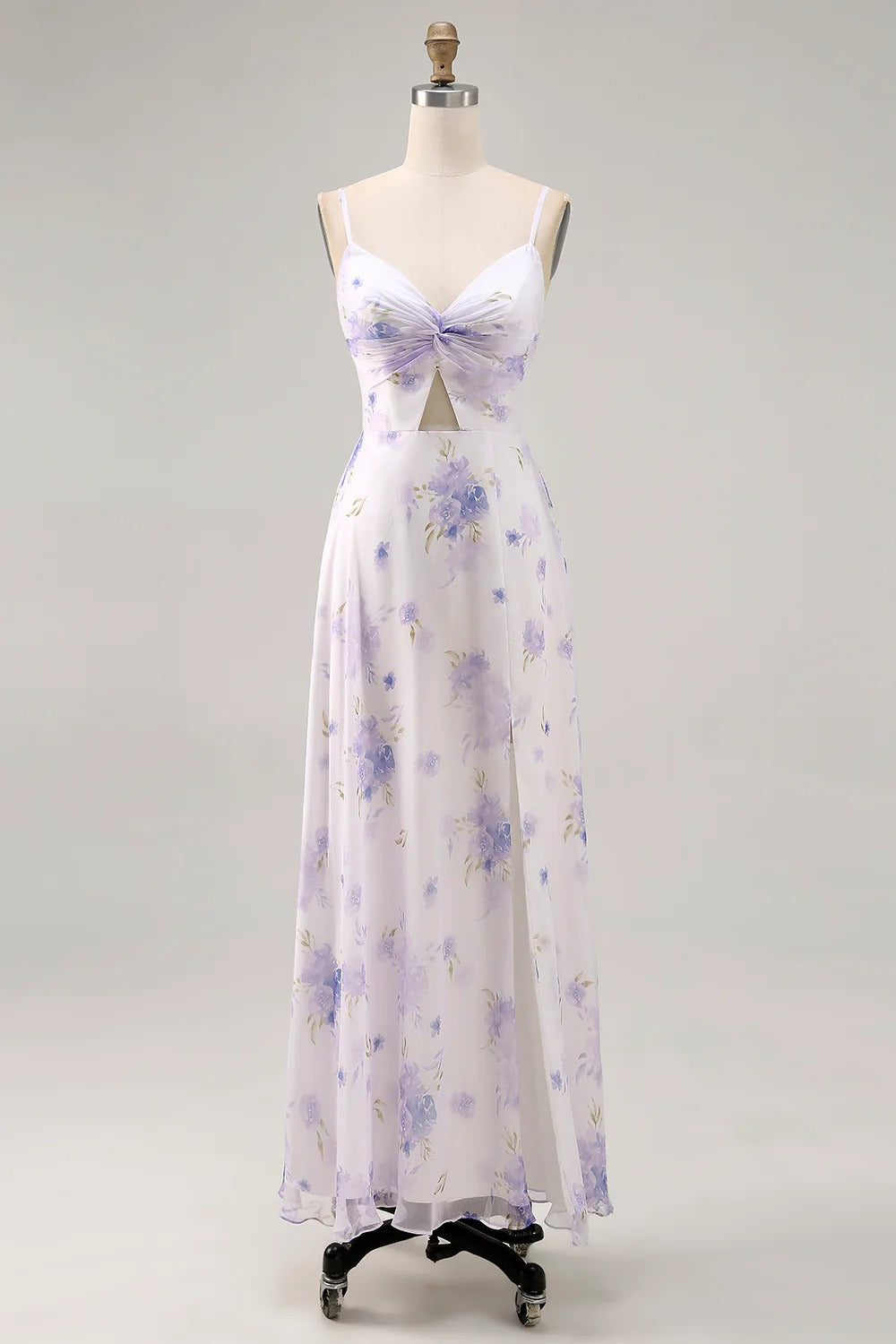 Lavender Floral Cutout Chiffon Maxi Dress with Spaghetti Straps