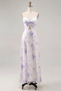 White Chiffon A-Line Floor-Length Bridesmaid Dress with Sweetheart Neckline, Purple Floral Print, Twisted Bodice & High Slit