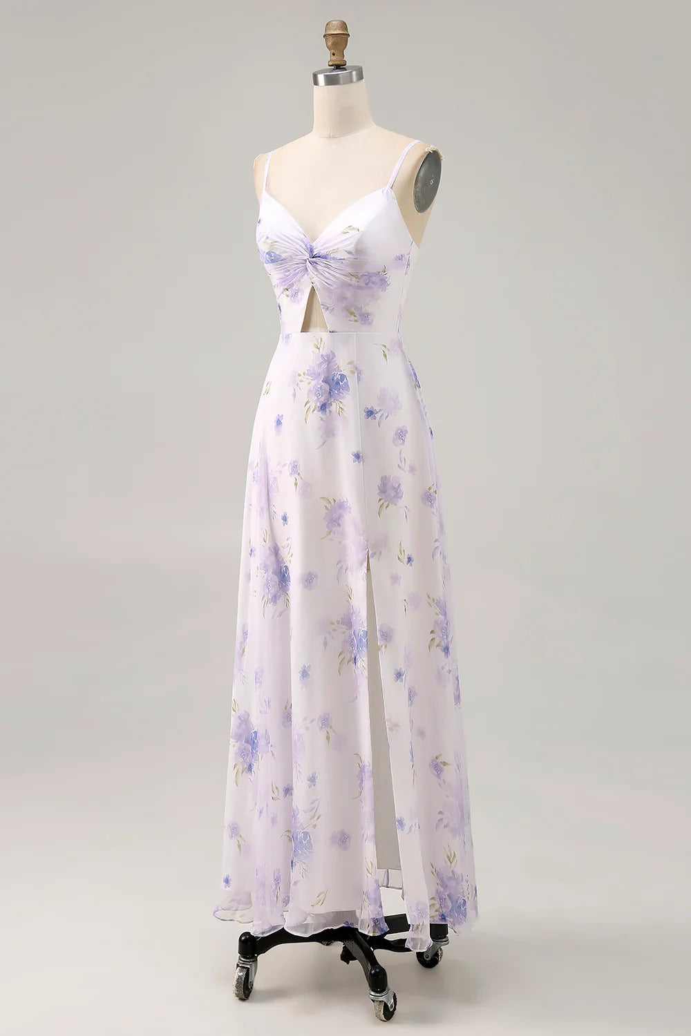 Lavender Floral Cutout Chiffon Maxi Dress with Spaghetti Straps