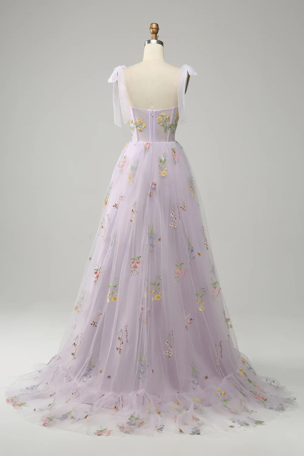 Lavender Floral Embroidered Off-the-Shoulder Slit Tulle Maxi Dress – Fairy Garden Gown