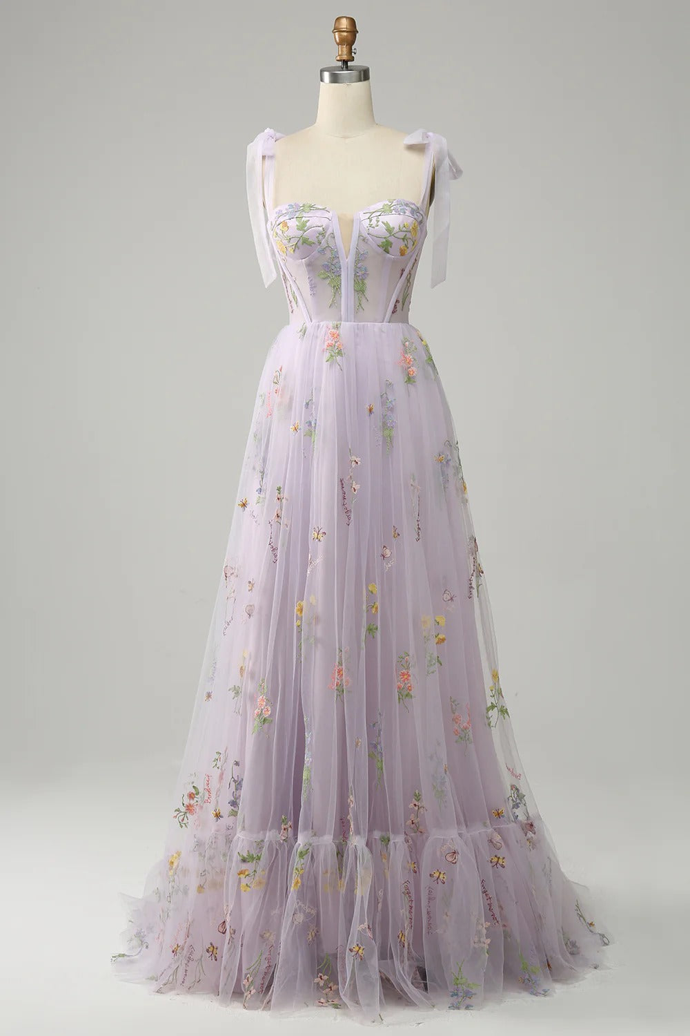 Lavender Floral Embroidered Off-the-Shoulder Slit Tulle Maxi Dress – Fairy Garden Gown