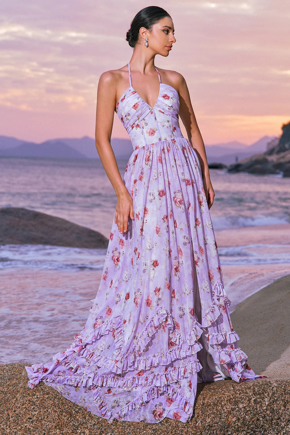 Lavender Floral Halter Maxi Dress with Tiered Ruffles and Thigh-High Slit