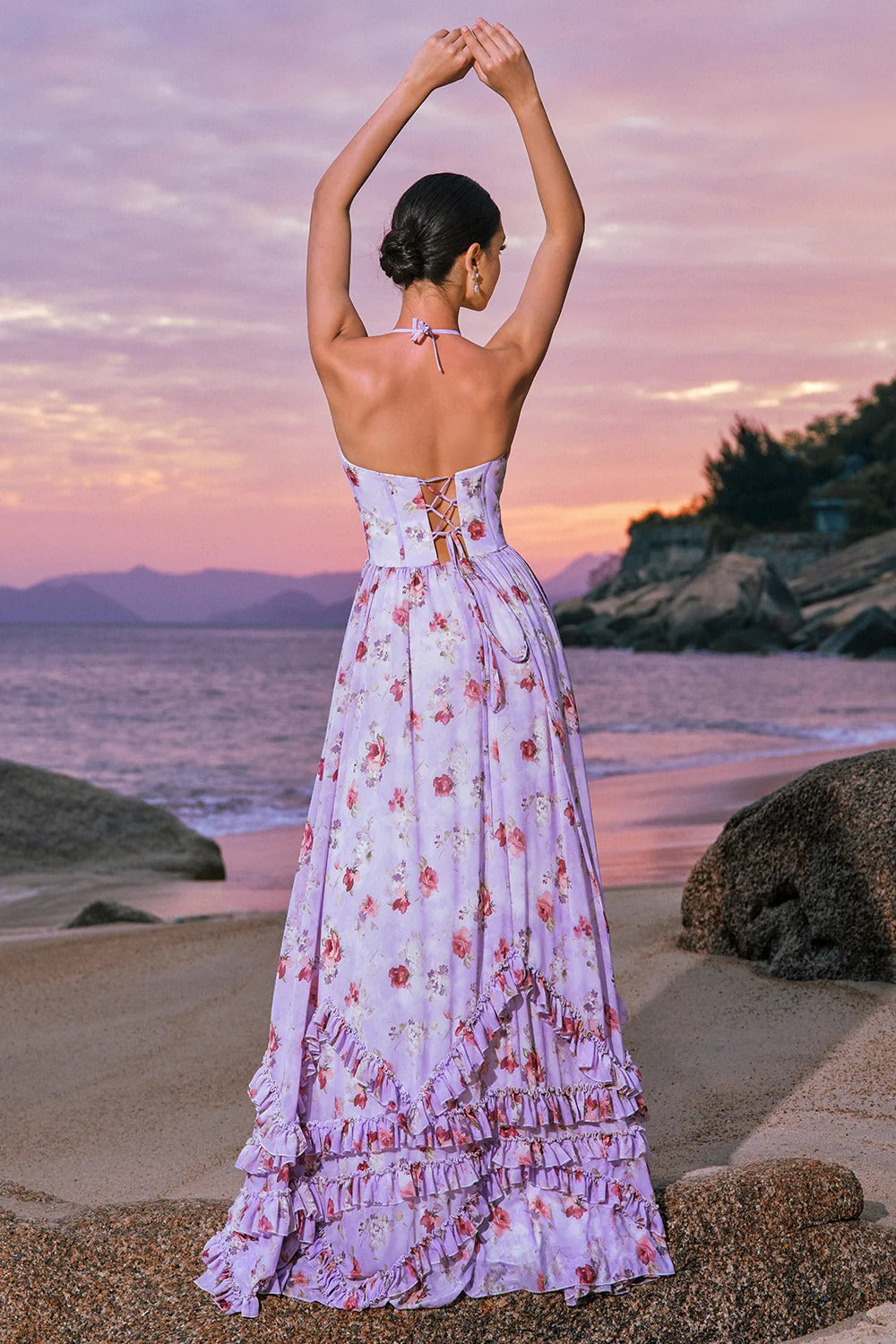 Lavender Floral Halter Maxi Dress with Tiered Ruffles and Thigh-High Slit