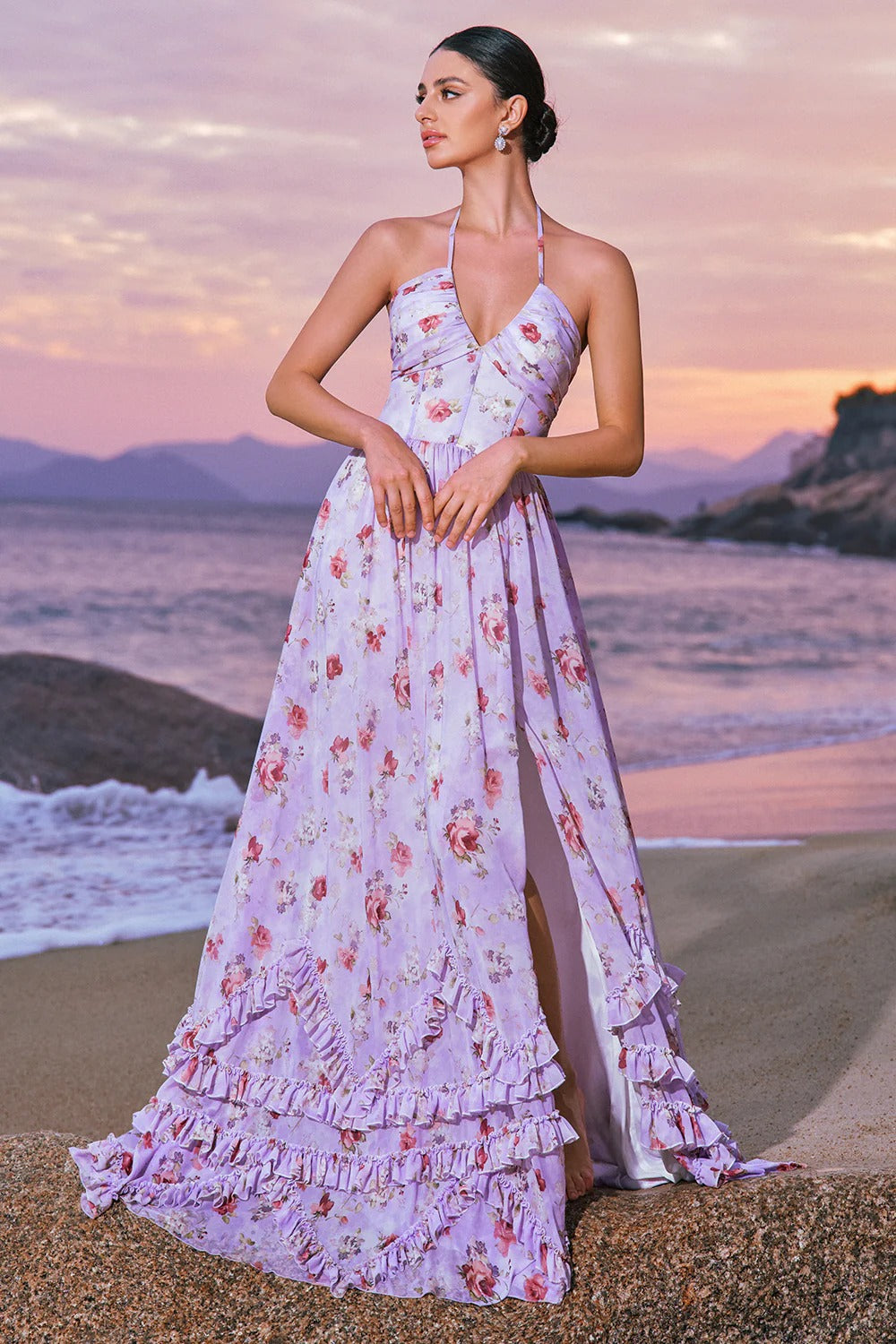 Lavender Floral Halter Maxi Dress with Tiered Ruffles and Thigh-High Slit