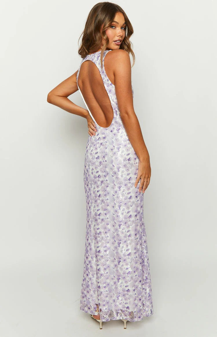 Lavender Chiffon and Lace Sheath/column Floor-Length Evening Dress with V-Neck and Floral Lace Overlay