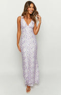Lavender Chiffon and Lace Sheath/column Floor-Length Evening Dress with V-Neck and Floral Lace Overlay