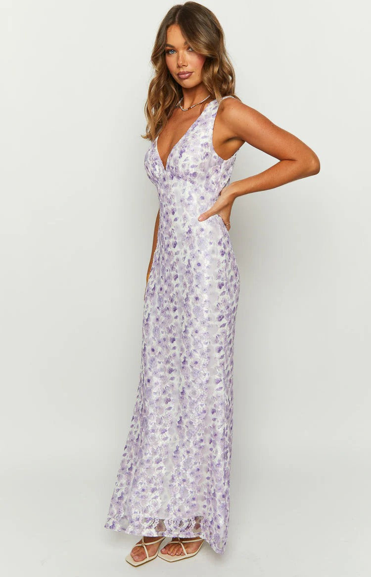 Lavender Floral Maxi Gown – V-Neck Open Back Sleeveless Formal Dress with Train