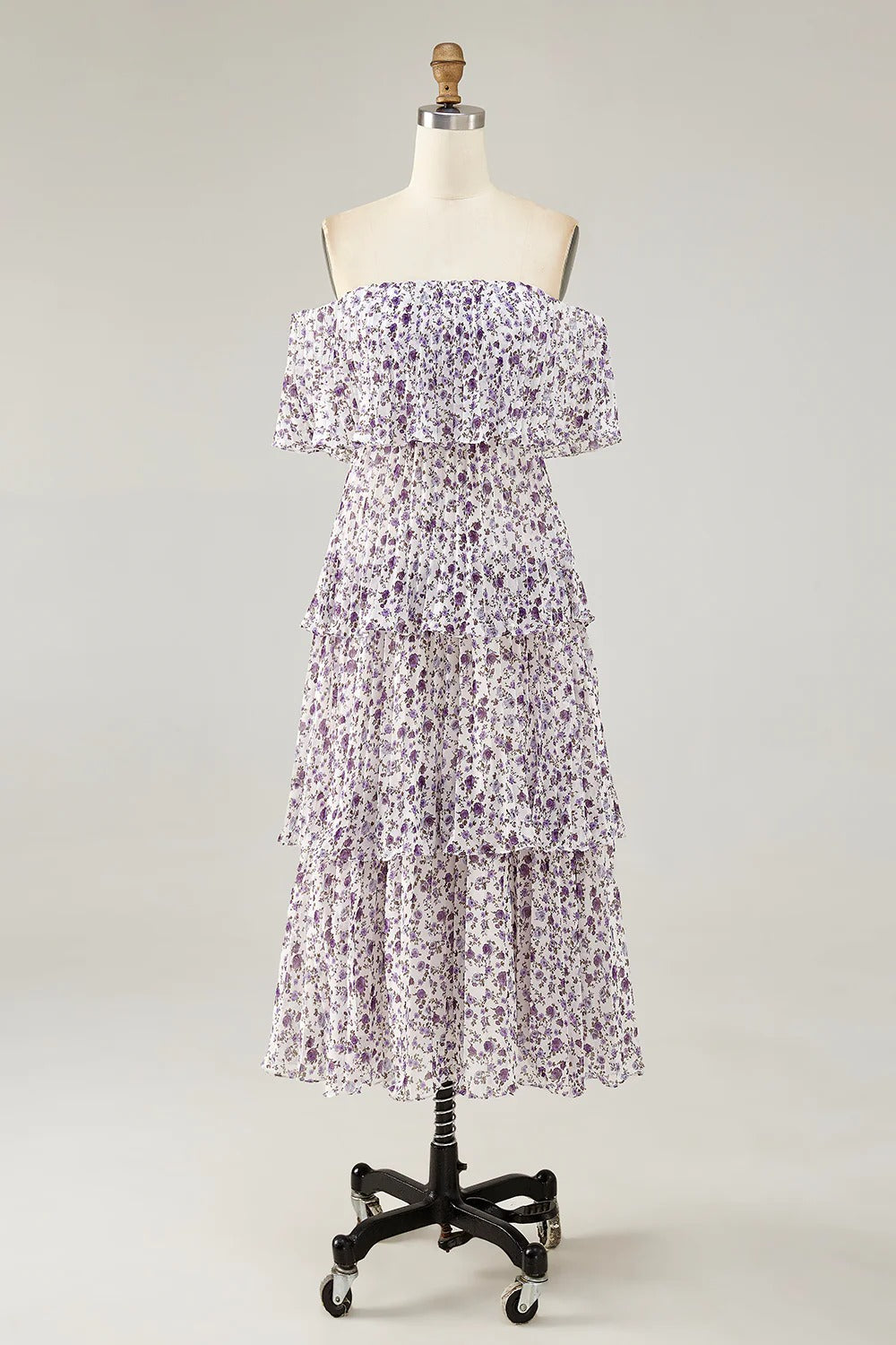 Lavender Floral Off-The-Shoulder Tiered Pleated Midi Dress