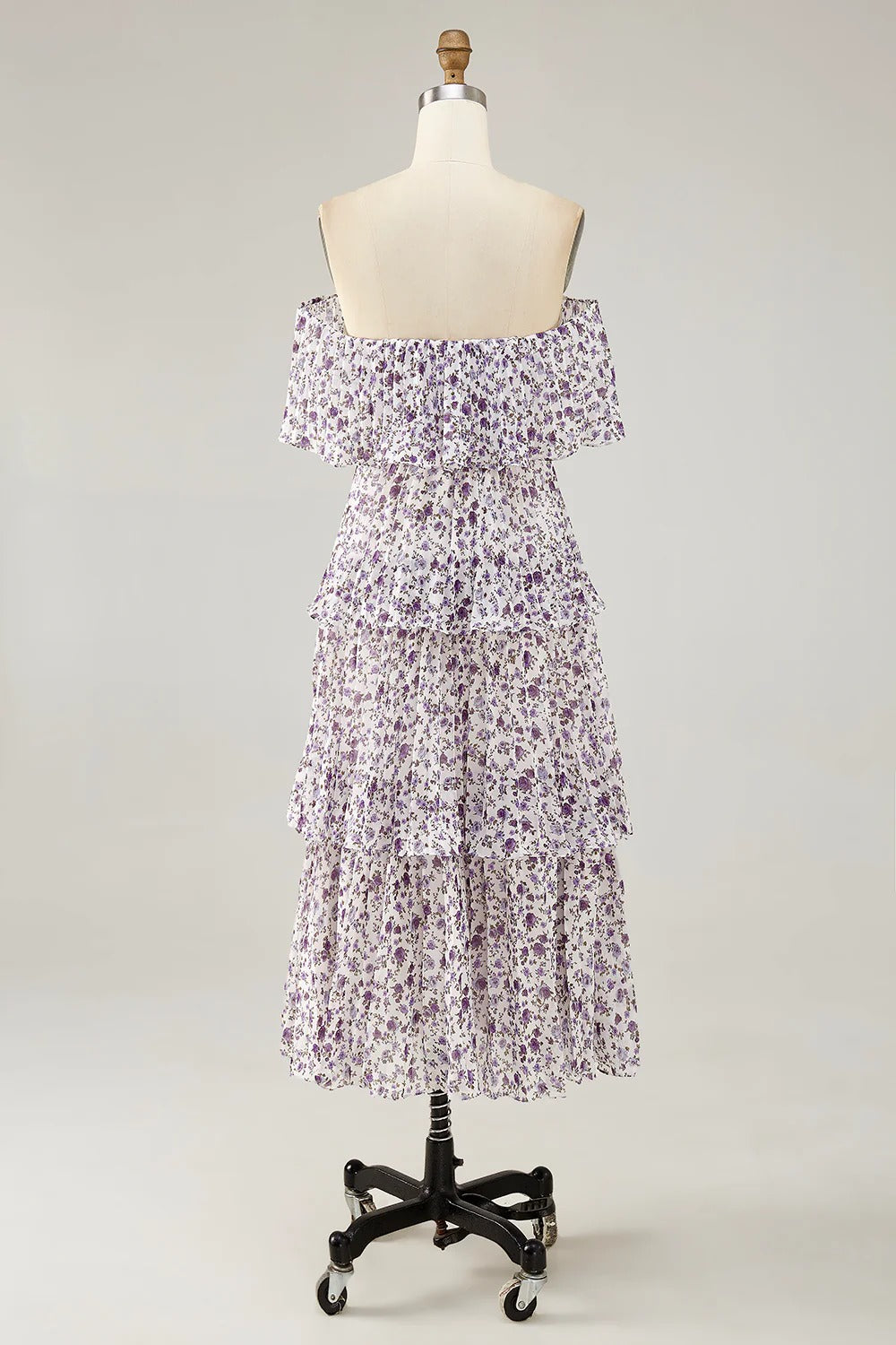 Lavender Floral Off-The-Shoulder Tiered Pleated Midi Dress