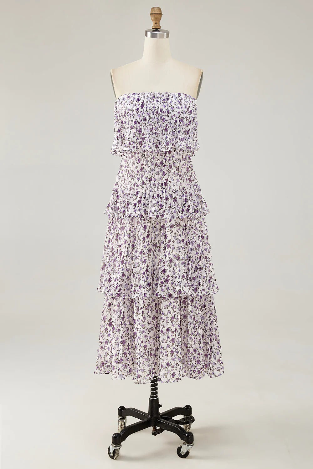 Lavender Floral Off-The-Shoulder Tiered Pleated Midi Dress
