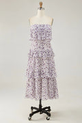 White Chiffon A-Line Tea-Length Dress | Smocked Bodice & Tiered Skirt