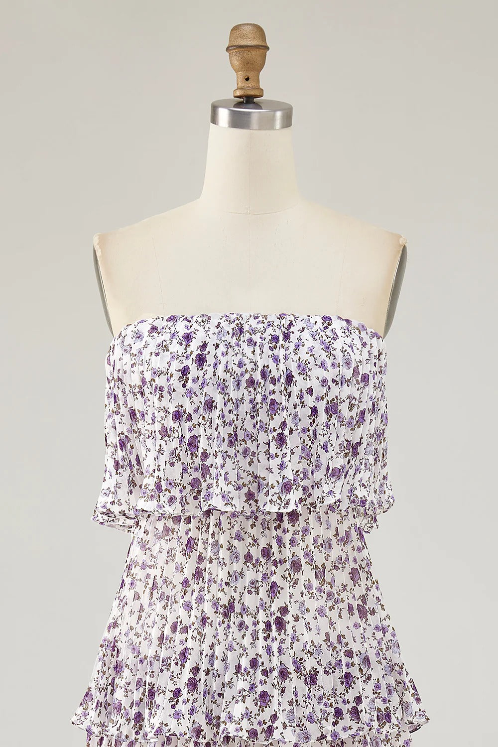 Lavender Floral Off-The-Shoulder Tiered Pleated Midi Dress