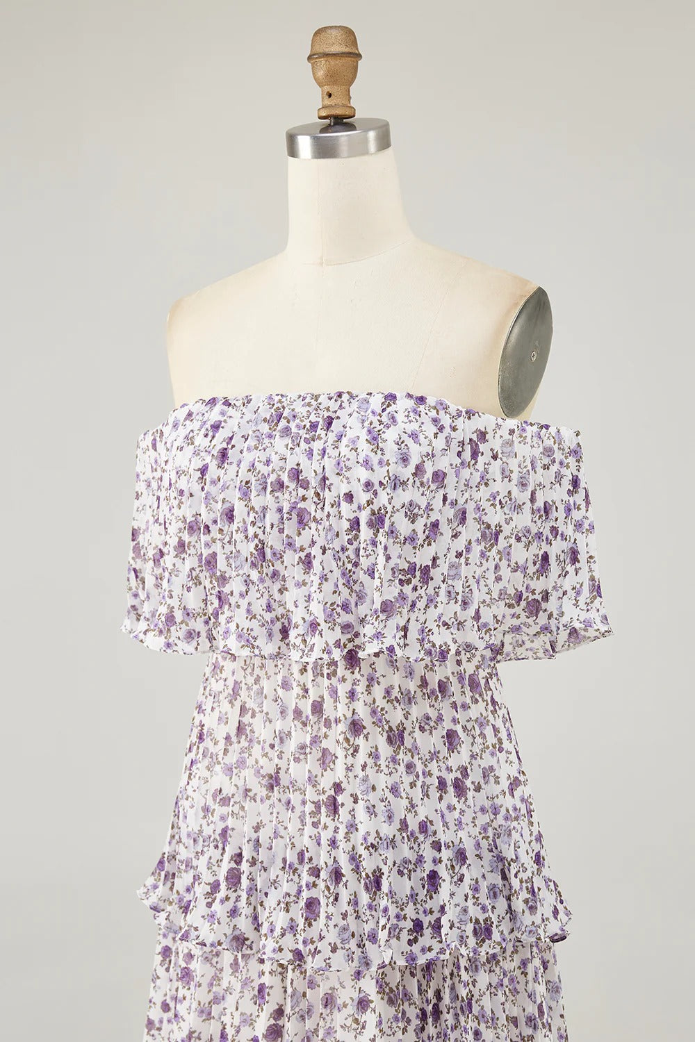 Lavender Floral Off-The-Shoulder Tiered Pleated Midi Dress