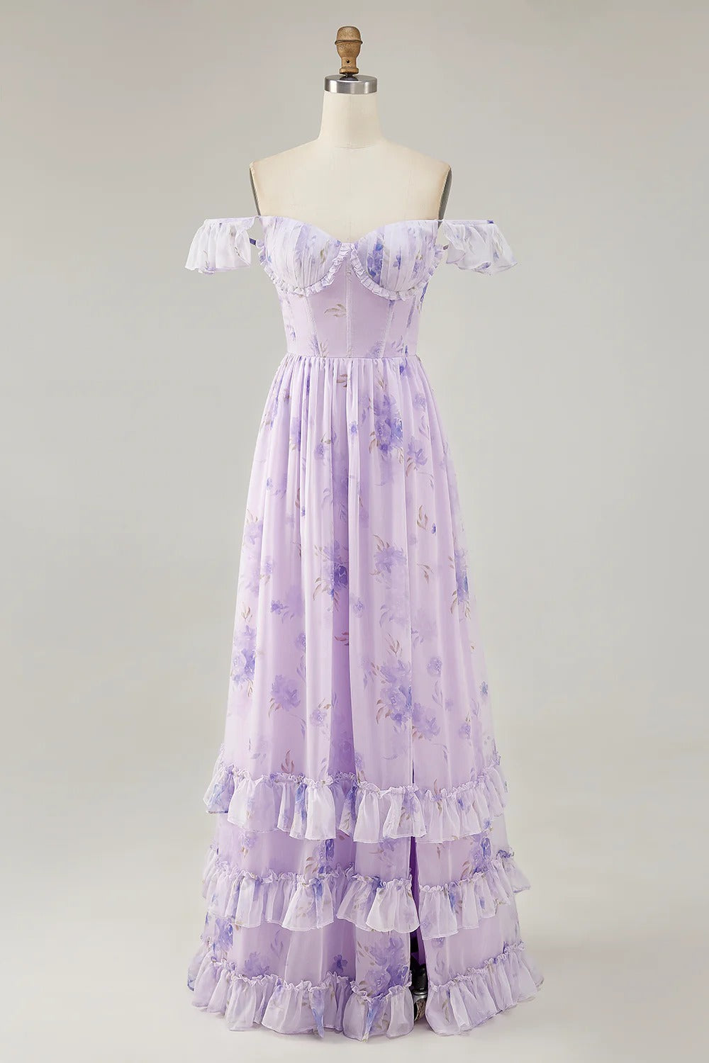 Lavender Floral Off-The-Shoulder Tiered Ruffled Maxi Dress with Lace-Up Back