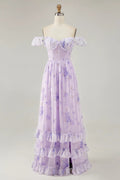 Lavender Chiffon Off-the-Shoulder A-Line Floor-Length Bridesmaid Dress with Ruffled Skirt