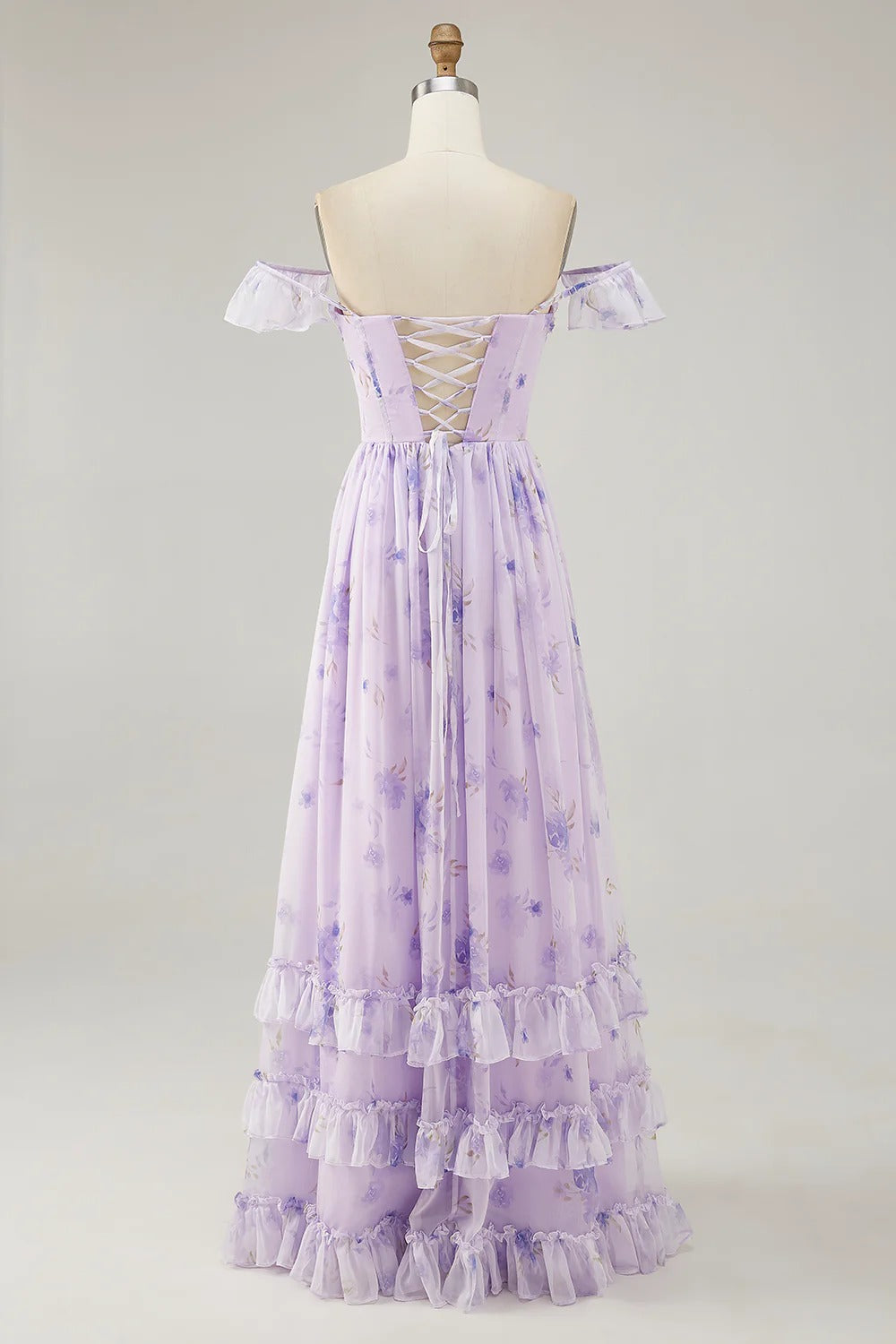 Lavender Floral Off-The-Shoulder Tiered Ruffled Maxi Dress with Lace-Up Back