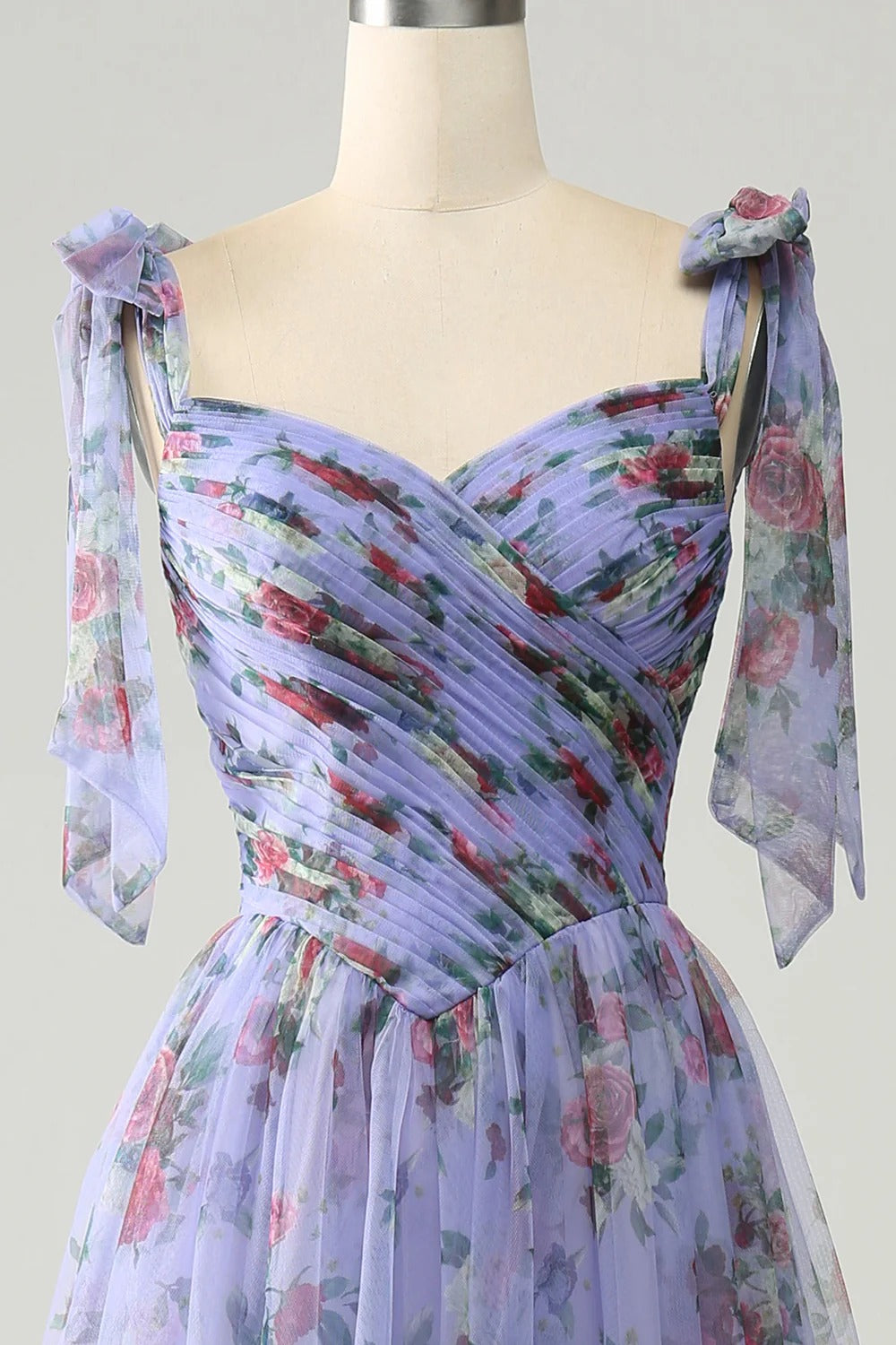 Lavender Floral Off-the-Shoulder Tulle Gown – Tie-Strap Prom Dress with A-Line Skirt & Train