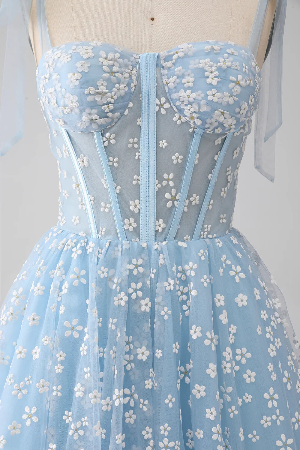 Lavender Floral Off-the-Shoulder Tulle Gown – Tie-Strap Prom Dress with A-Line Skirt & Train