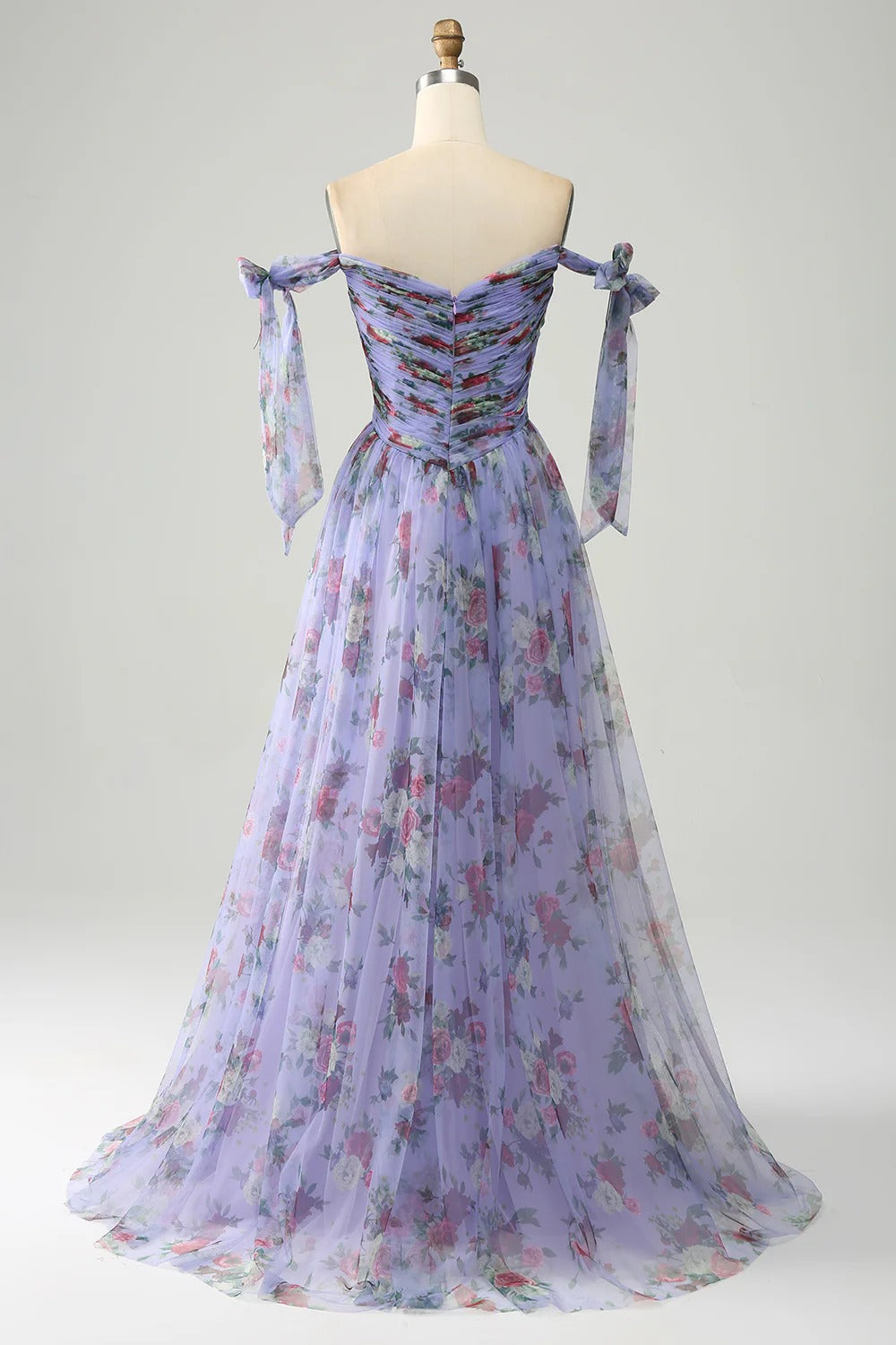 Lavender Floral Off-the-Shoulder Tulle Gown – Tie-Strap Prom Dress with A-Line Skirt & Train