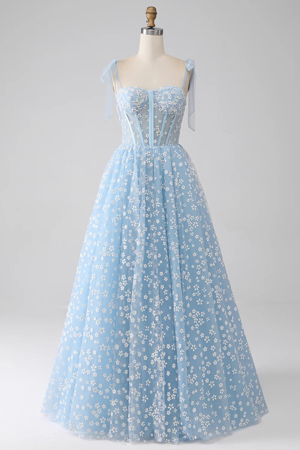 Lavender Floral Off-the-Shoulder Tulle Gown – Tie-Strap Prom Dress with A-Line Skirt & Train