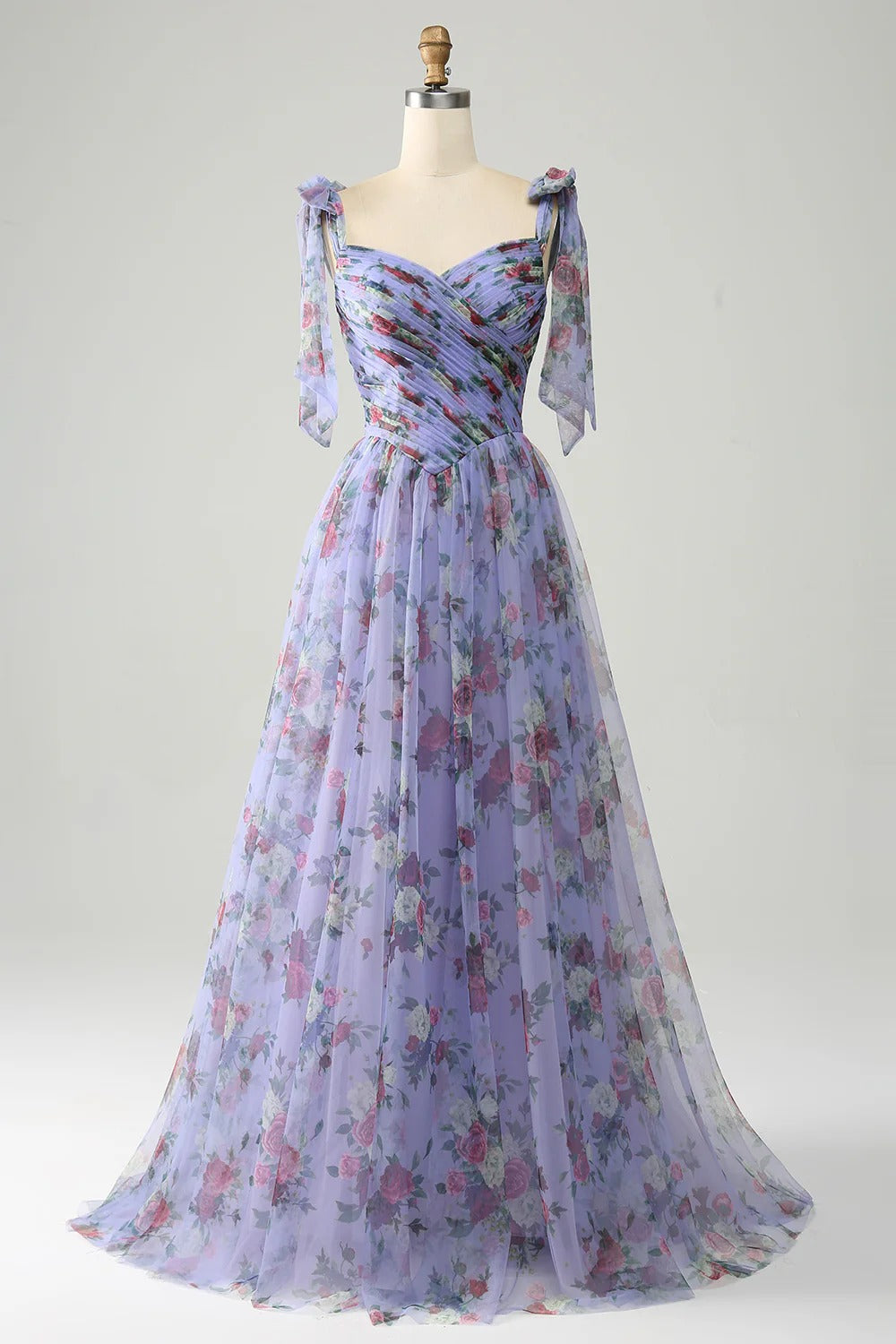 Lavender Floral Off-the-Shoulder Tulle Gown – Tie-Strap Prom Dress with A-Line Skirt & Train