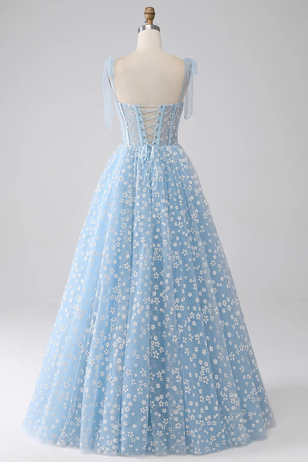 Lavender Floral Off-the-Shoulder Tulle Gown – Tie-Strap Prom Dress with A-Line Skirt & Train