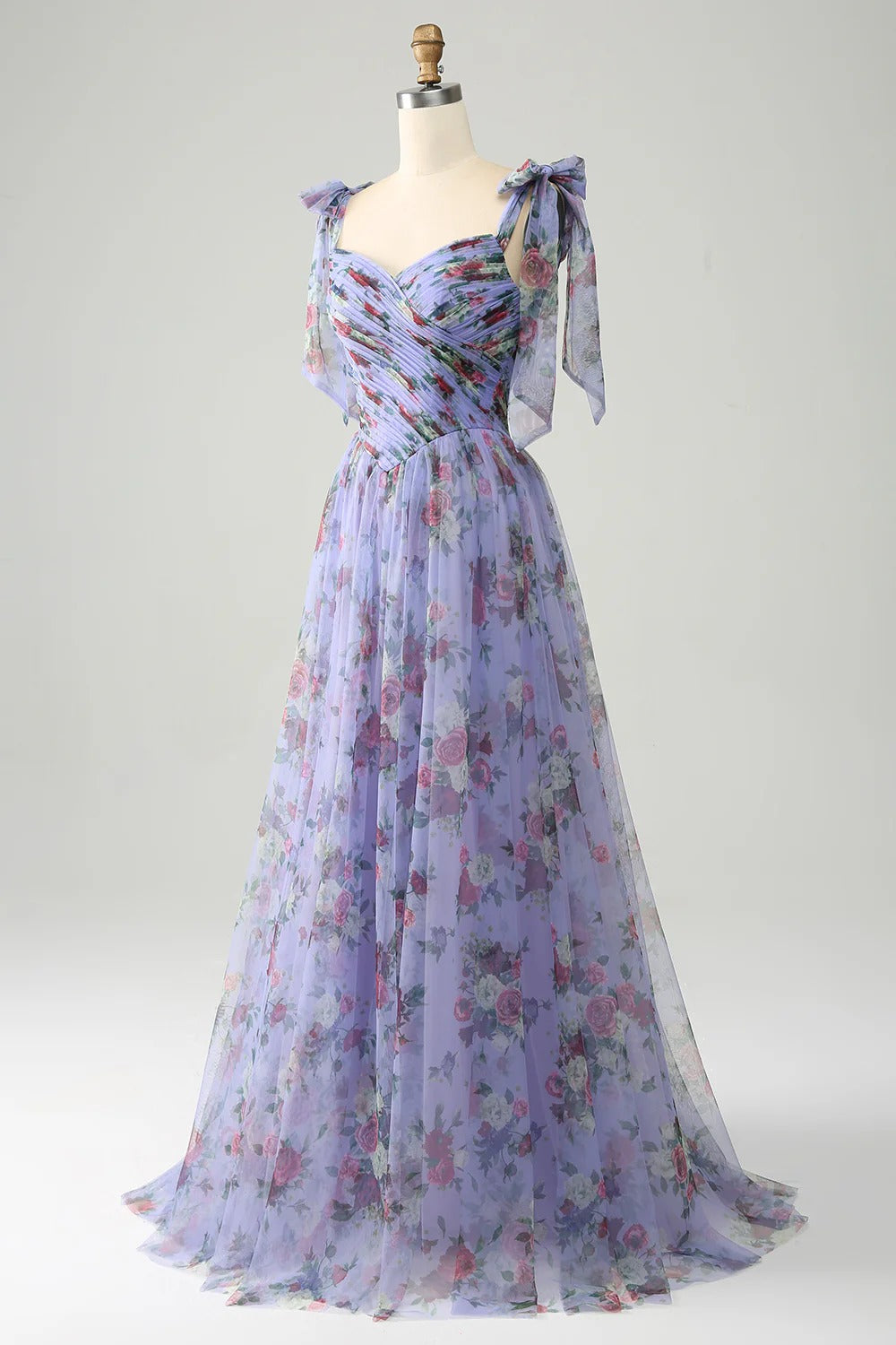 Lavender Floral Off-the-Shoulder Tulle Gown – Tie-Strap Prom Dress with A-Line Skirt & Train