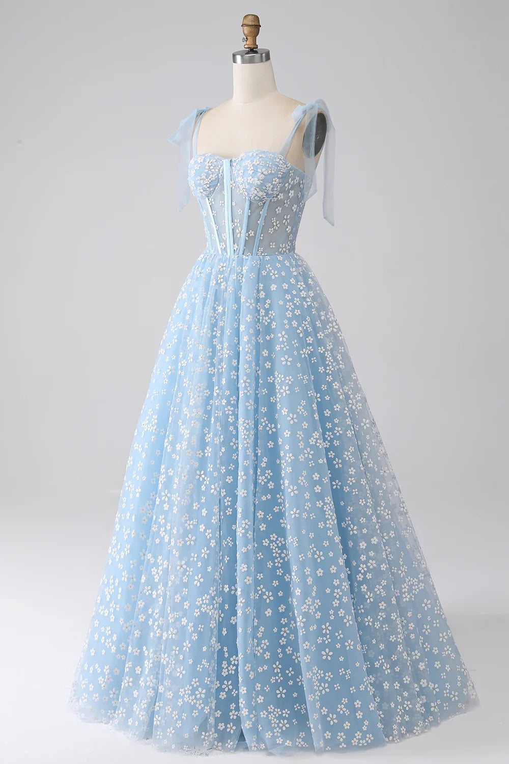 Lavender Floral Off-the-Shoulder Tulle Gown – Tie-Strap Prom Dress with A-Line Skirt & Train