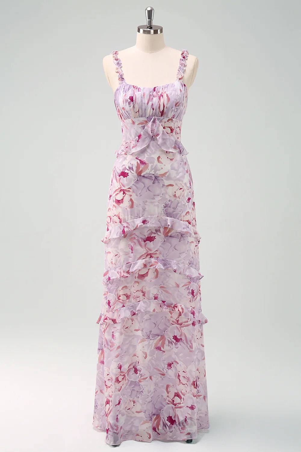 Lavender Floral Ruffled Maxi Dress with Tiered Skirt