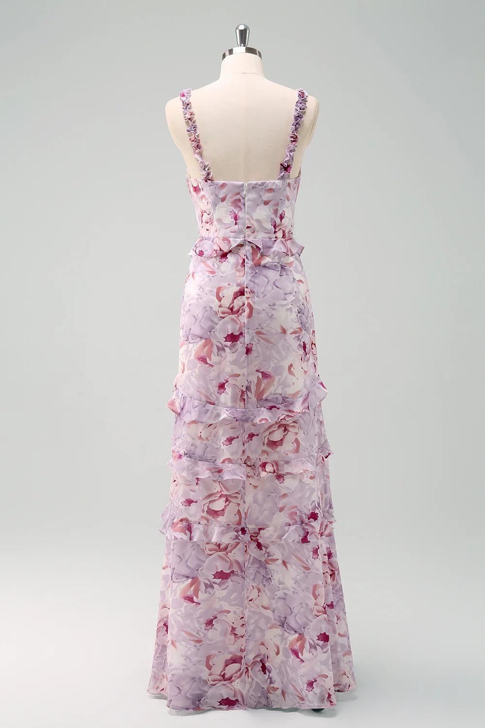 Lavender Floral Ruffled Maxi Dress with Tiered Skirt