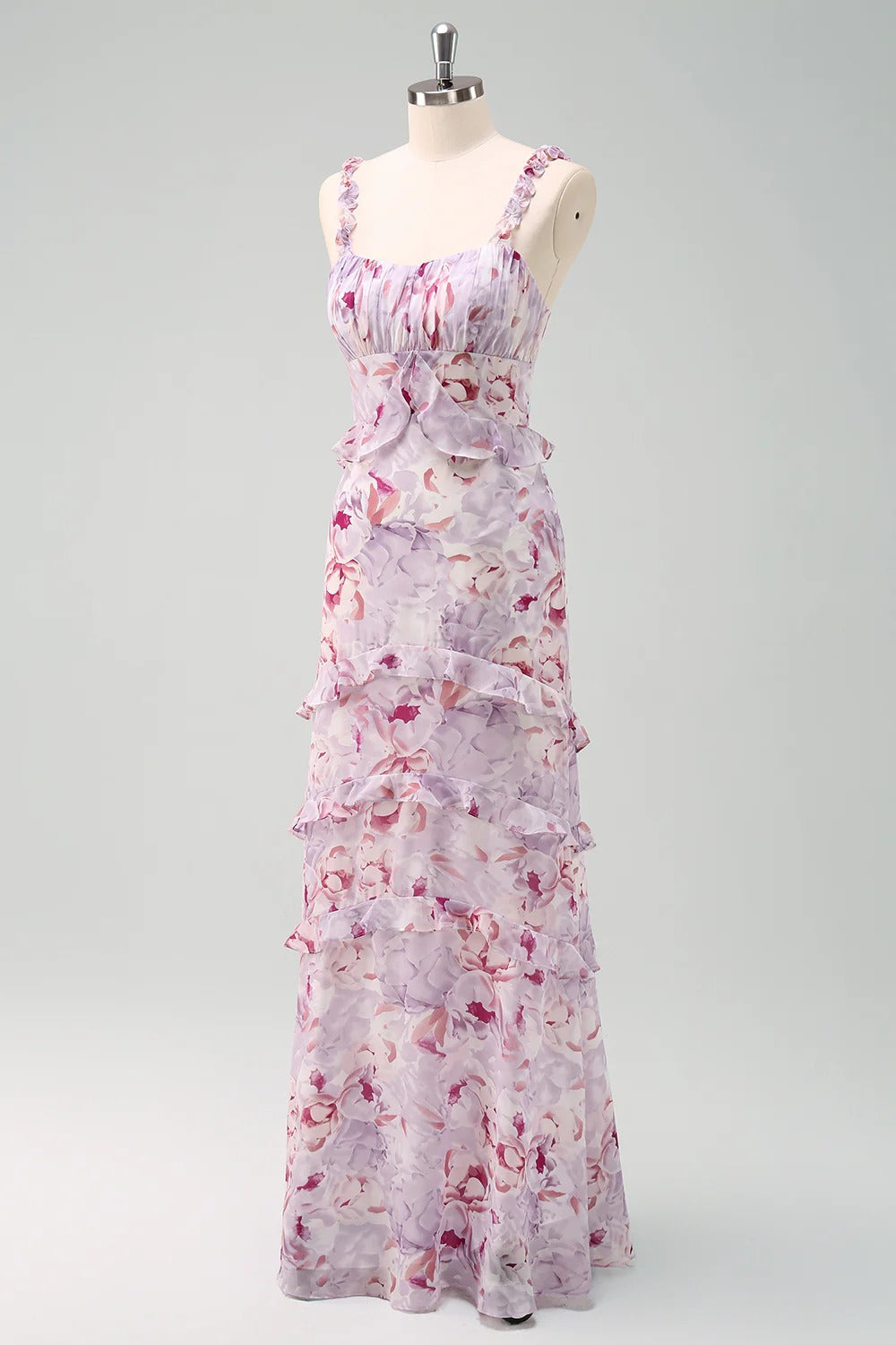 Lavender Floral Ruffled Maxi Dress with Tiered Skirt