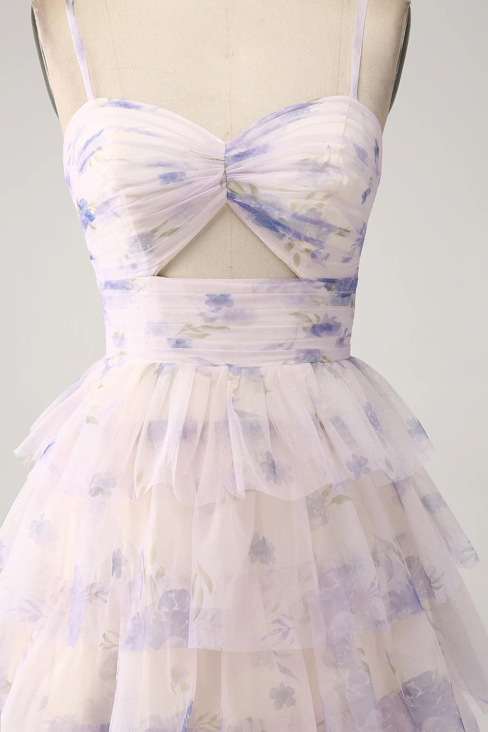 Lavender Floral Ruffled Tulle Gown – Spaghetti Strap Cutout Maxi Dress for Weddings