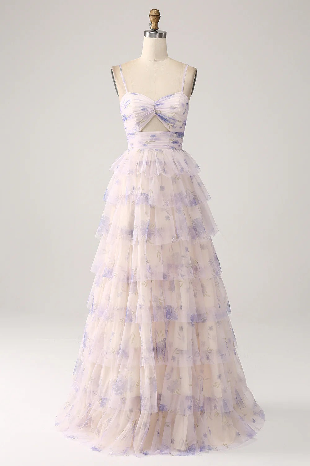 Lavender Floral Ruffled Tulle Gown – Spaghetti Strap Cutout Maxi Dress for Weddings