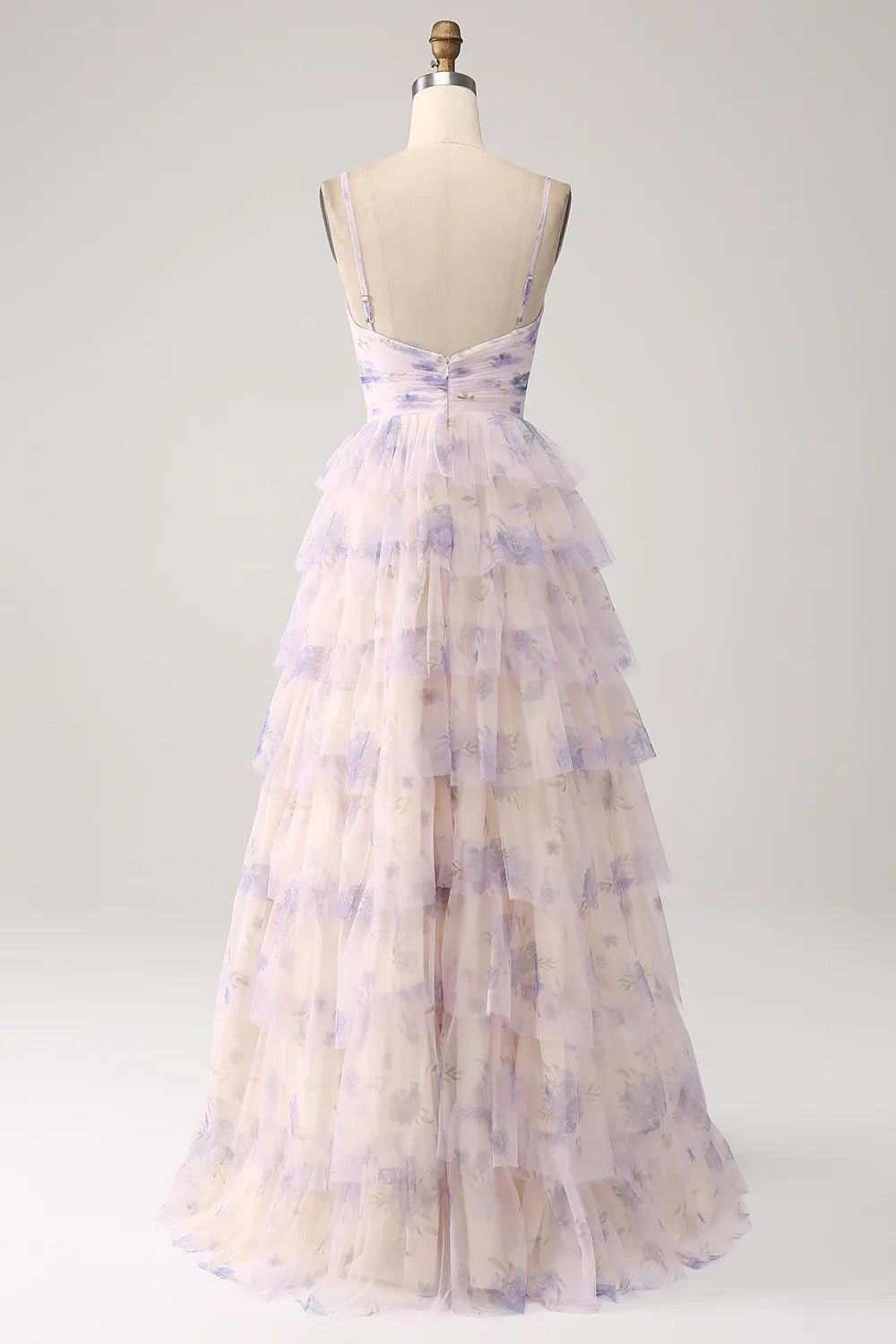 Lavender Floral Ruffled Tulle Gown – Spaghetti Strap Cutout Maxi Dress for Weddings