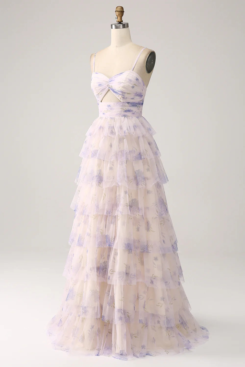 Lavender Floral Ruffled Tulle Gown – Spaghetti Strap Cutout Maxi Dress for Weddings