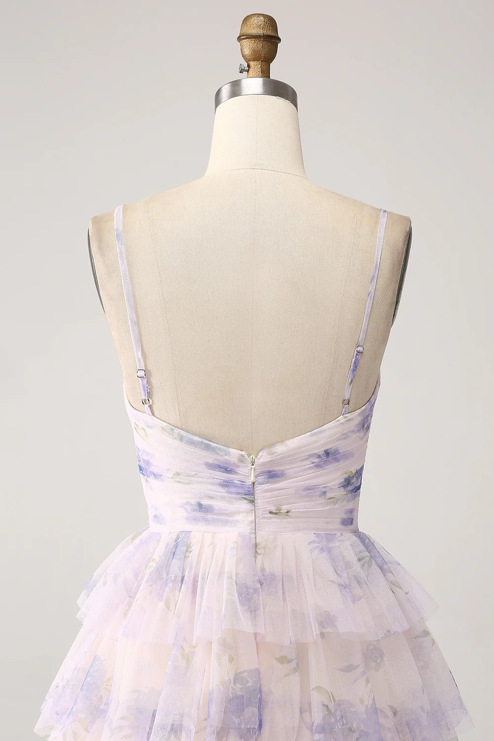 Lavender Floral Ruffled Tulle Gown – Spaghetti Strap Cutout Maxi Dress for Weddings