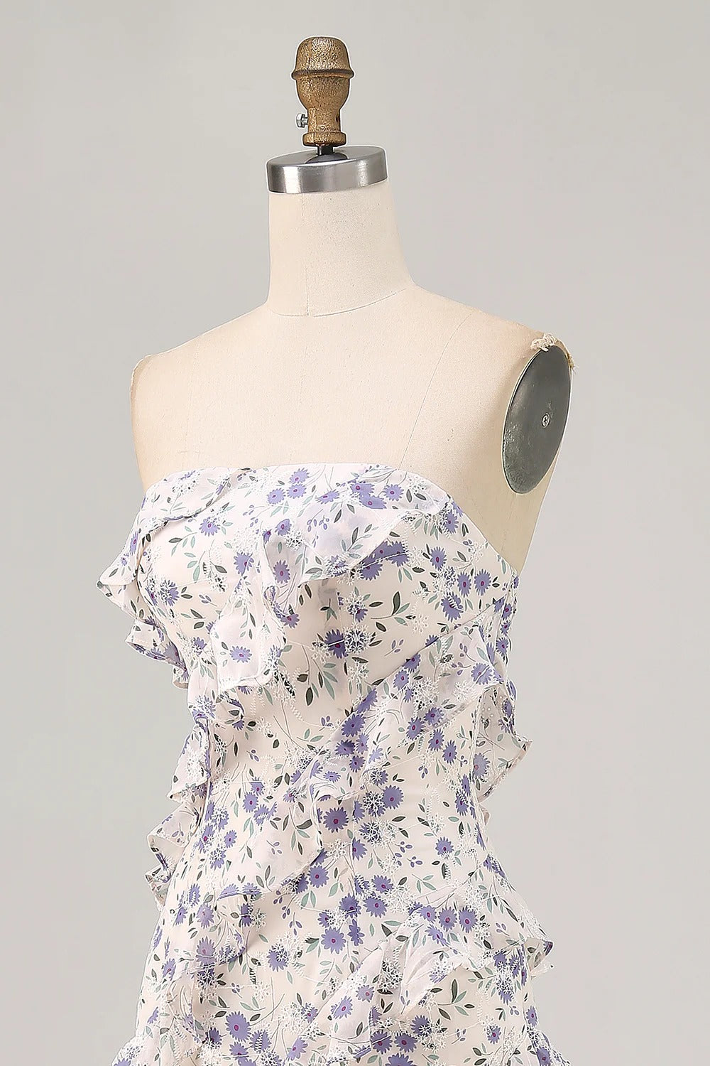 Lavender Floral Strapless Ruffled Chiffon Maxi Dress with High Slit