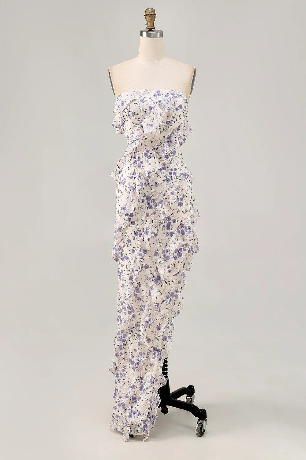 Lavender Floral Strapless Ruffled Chiffon Maxi Dress with High Slit