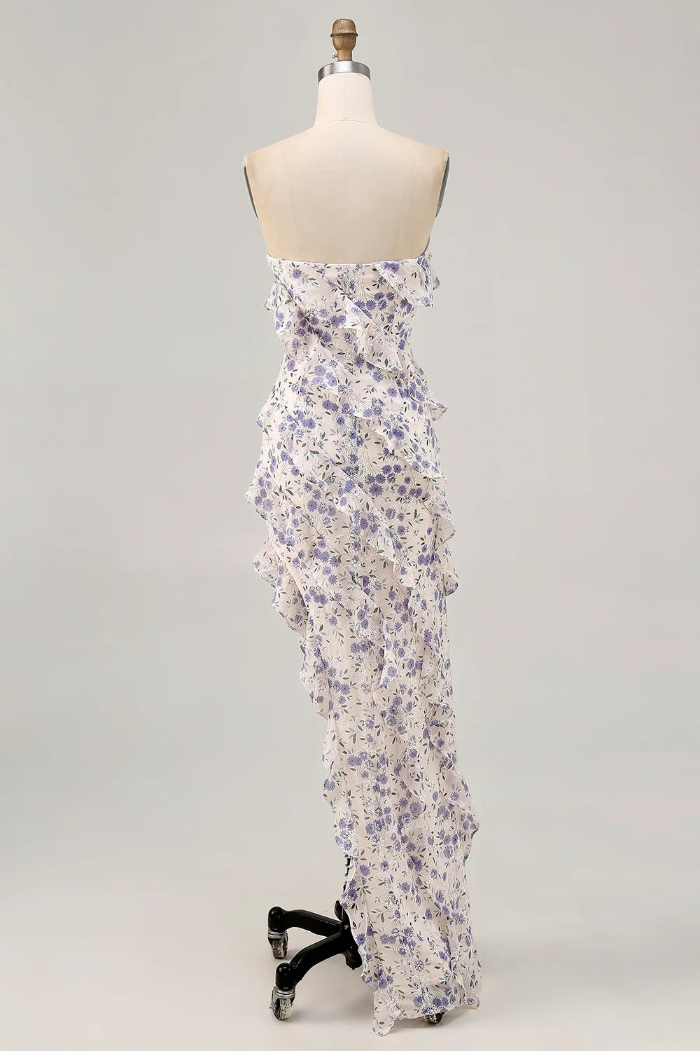 Lavender Floral Strapless Ruffled Chiffon Maxi Dress with High Slit