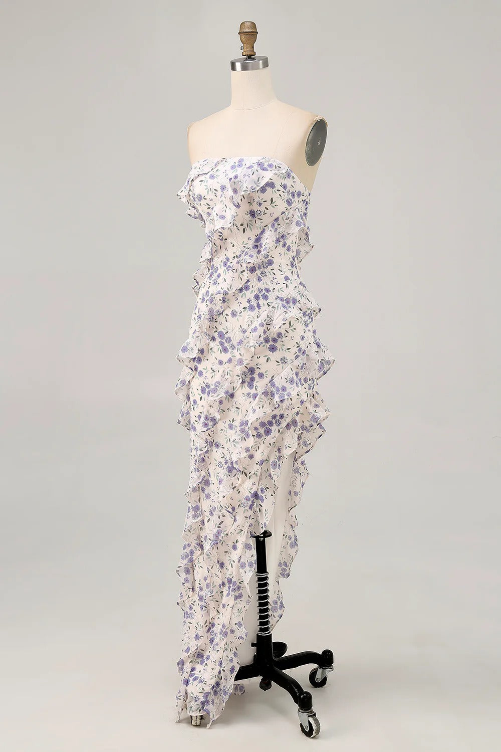 Lavender Floral Strapless Ruffled Chiffon Maxi Dress with High Slit