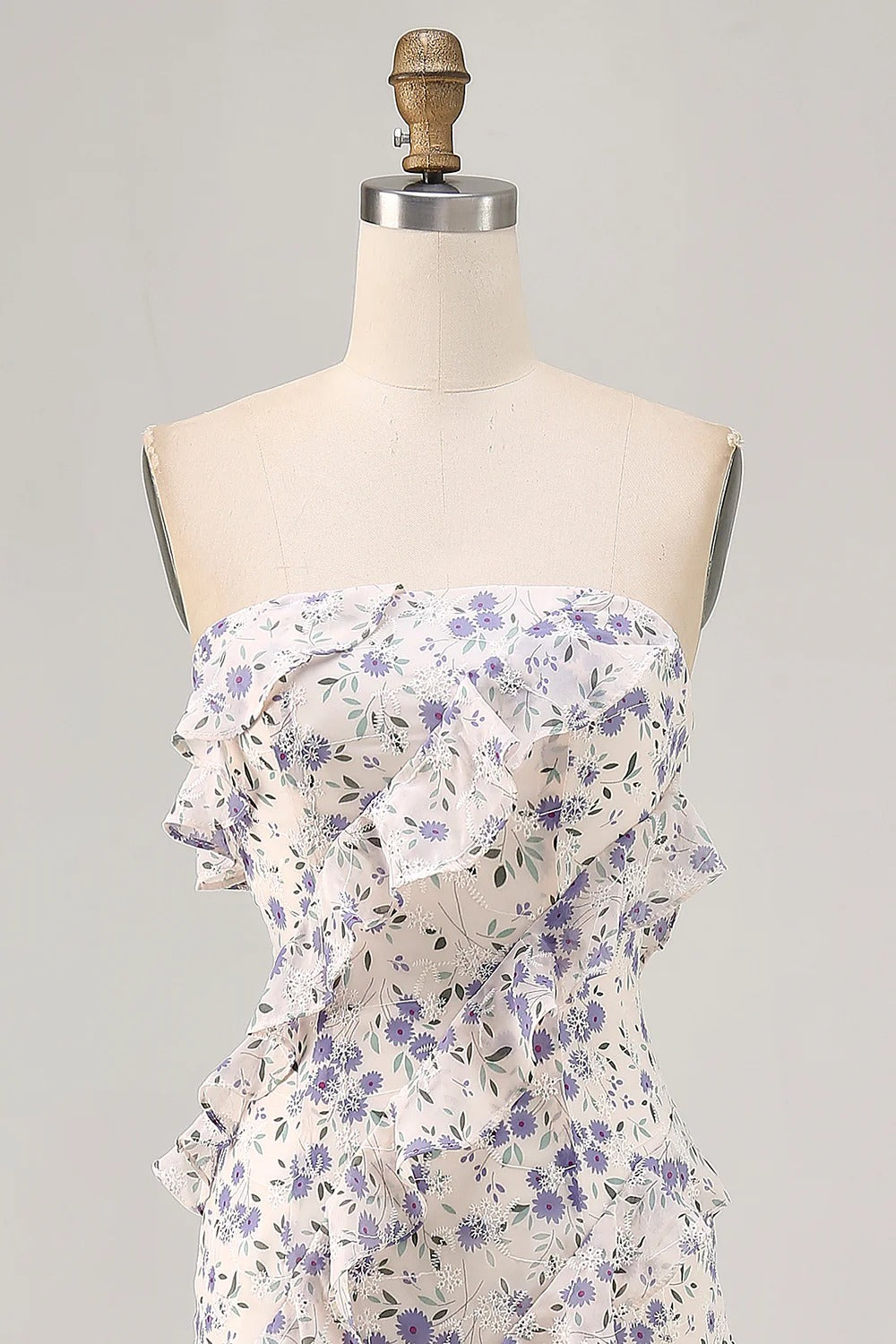 Lavender Floral Strapless Ruffled Chiffon Maxi Dress with High Slit