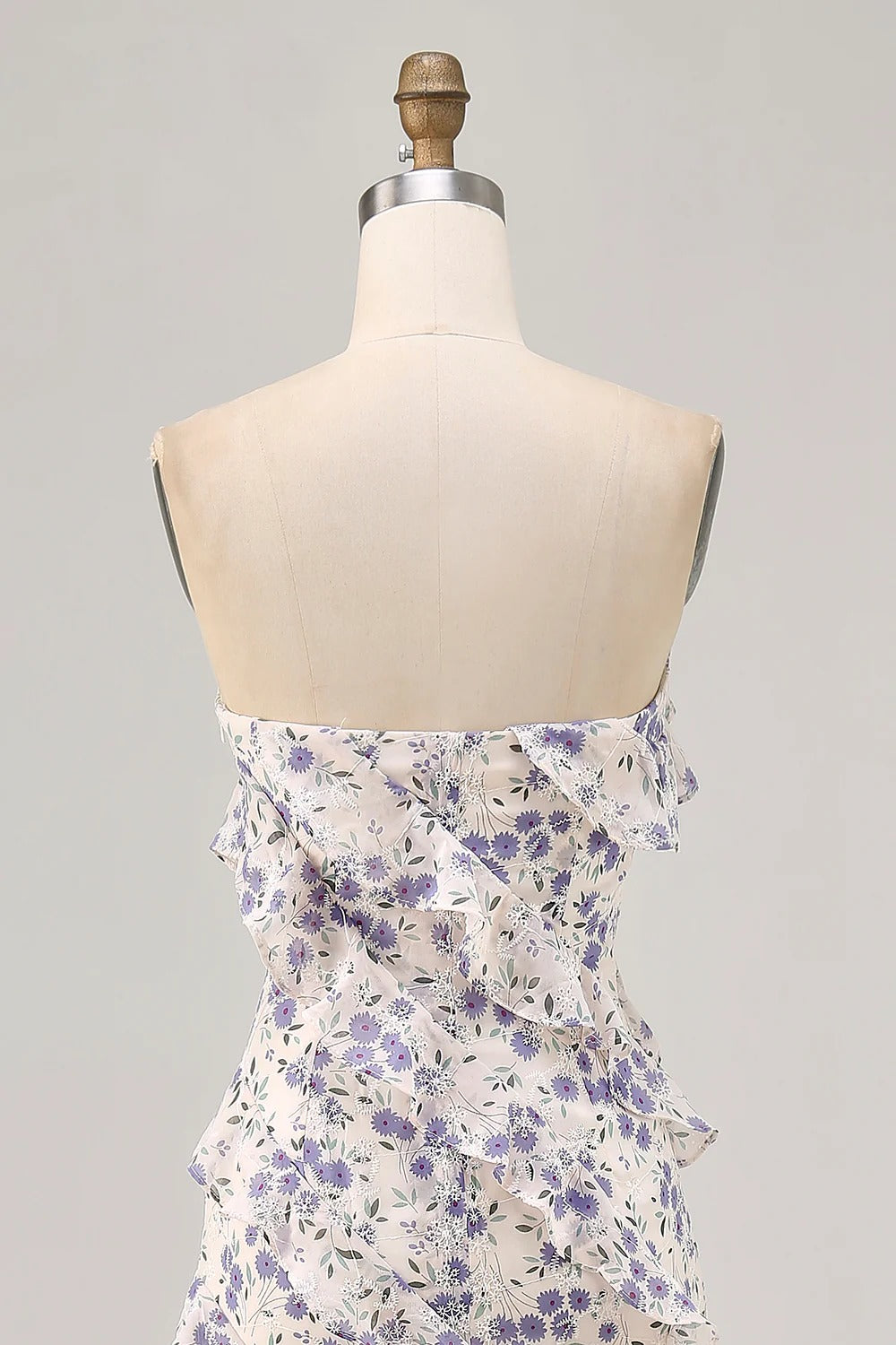 Lavender Floral Strapless Ruffled Chiffon Maxi Dress with High Slit