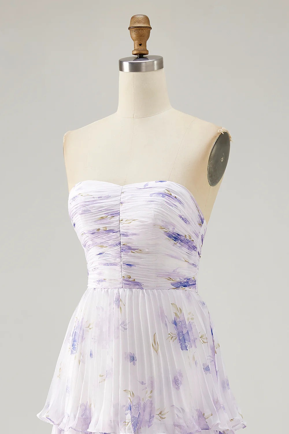 Lavender Floral Strapless Tiered Ruffled Chiffon Maxi Dress