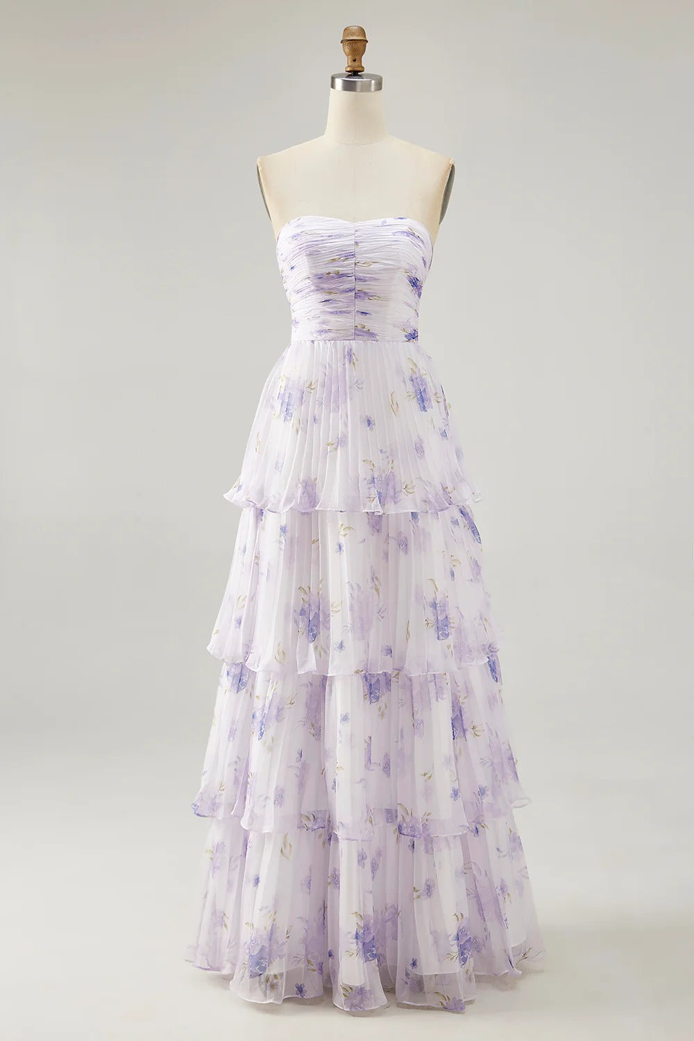 Lavender Floral Strapless Tiered Ruffled Chiffon Maxi Dress